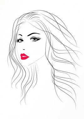Güzel kadın portre bir kırmızı seksi dudaklar, vektör çizim ile