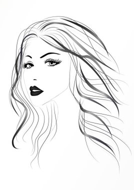 Beautiful woman's face with long wavy hair, black and white vector illustration clipart