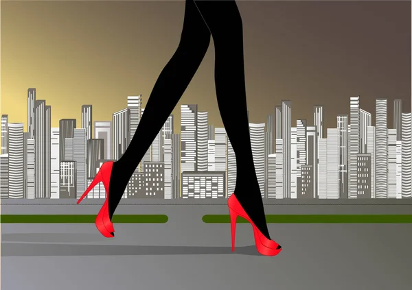 Стройные ноги женщины в красных туфлях на высоких каблуках бегают по дороге на желтом сером фоне небоскребов — стоковый вектор