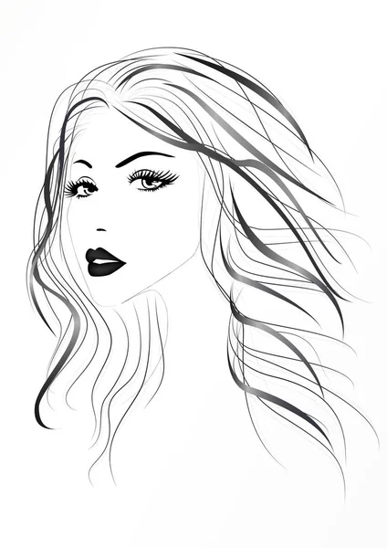 Hermosa cara de mujer con cabello ondulado largo, ilustración vectorial en blanco y negro — Vector de stock