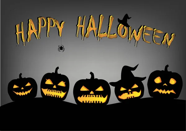Cinque silhouette di zucche di Halloween sullo sfondo grigio, orizzontale — Vettoriale Stock