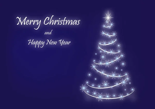 Tarjeta azul de Navidad con gran texto y brillante árbol de Navidad — Foto de Stock