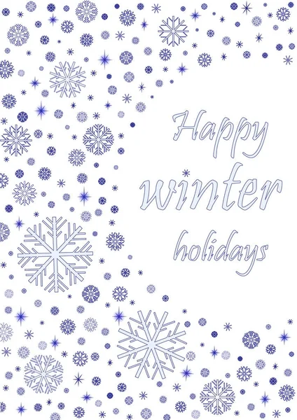 Щаслива Зимова Святкова Листівка Блакитними Сніжинками Ізольована Білому Тлі Вертикальна — стоковий вектор