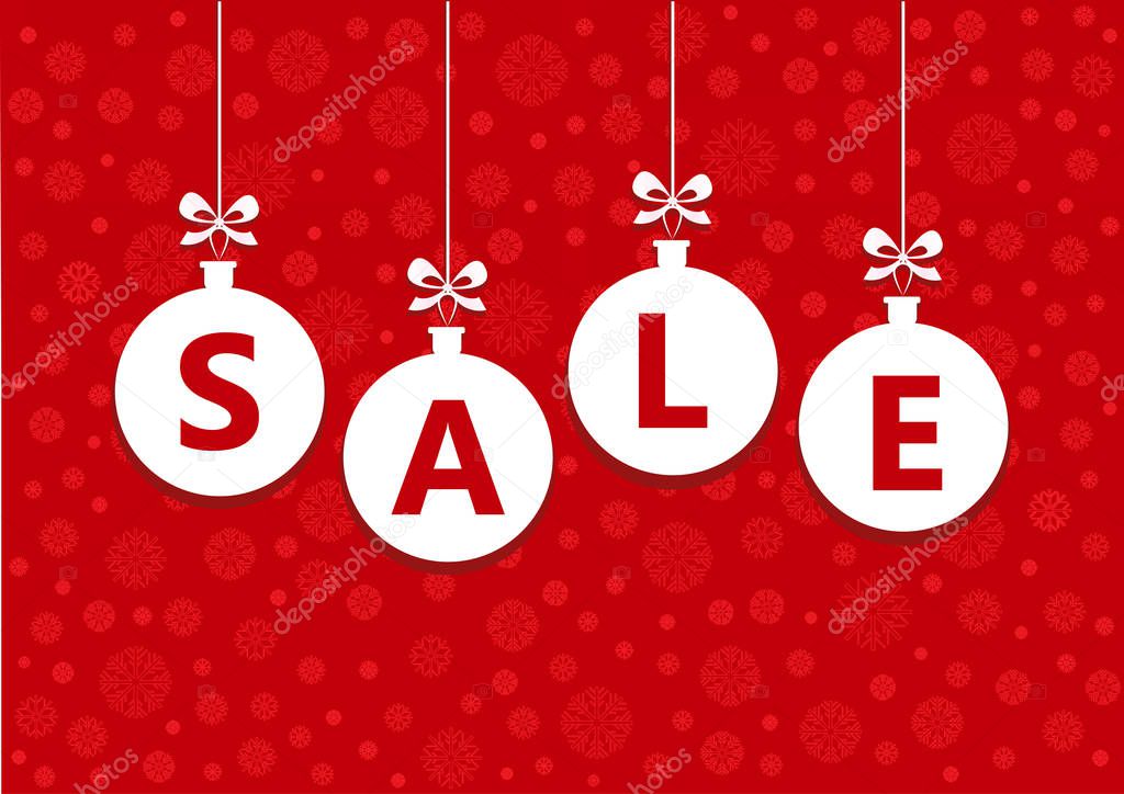 sale word on white christmas balls on the red background, horizontal vector illustration