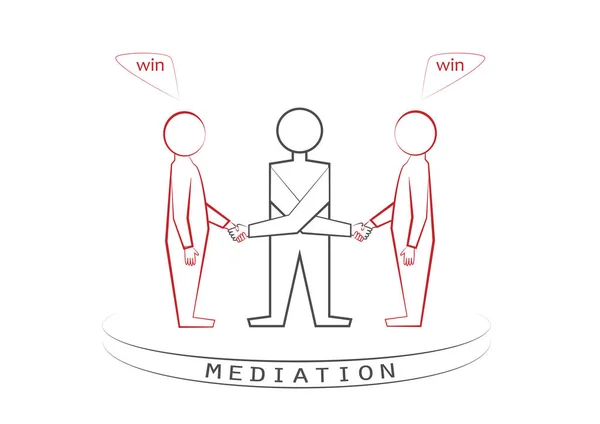 vektör çizim, yatay arabulucu ve beyaz arka plan üzerinde kazanan - kazanan ilke, win - win, önden görünüm, izole iki kişi el sıkışma