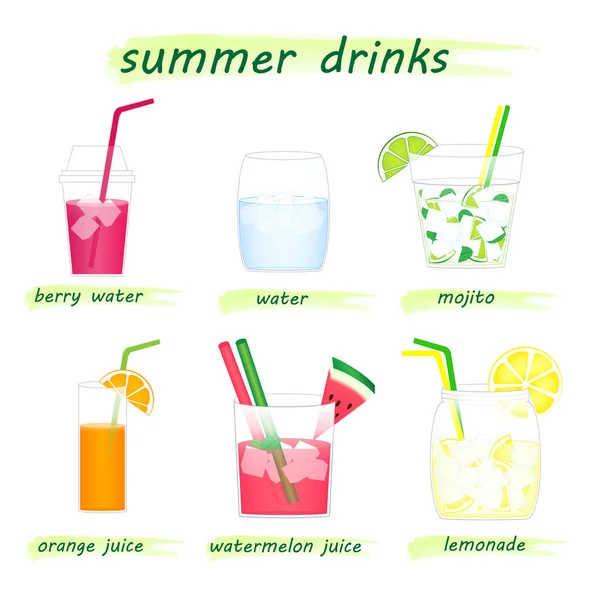 Summer Non Alcoholic Drinks Set Isolated White Background Square Vector — Stock Vector