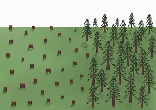 Paisaje Deforestación Árboles Grandes Muchos Tocones Ilustración Vectorial Horizontal — Vector de stock