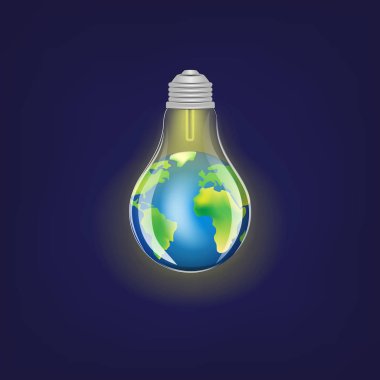 concept green energy, lighting electric lamp and earth on a dark blue background square vector illustration