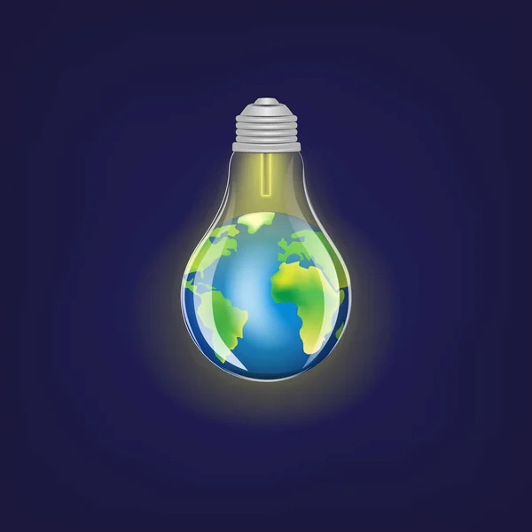 濃い青の背景の四角形のベクトル図の上に緑のエネルギーと電気ランプと地球を — ストックベクタ