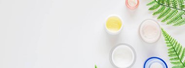 Doğal organik kozmetiklerle yatıyordu: yeşil yapraklı beyaz arka planda krem. Uzayı kopyala Cilt bakımı, kozmetoloji, cilt bakımı. Güzellik sertifikası, blog tarzı. Üst görünüm, üst görünüm, genel görünüm