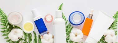 Doğal organik kozmetiklerle yatıyordu: serum, beyaz arka planda yeşil yapraklı krem. Cilt bakımı, kozmetoloji, cilt bakımı. Güzellik sertifikası, blog tarzı. Üst görünüm, üst görünüm, genel görünüm