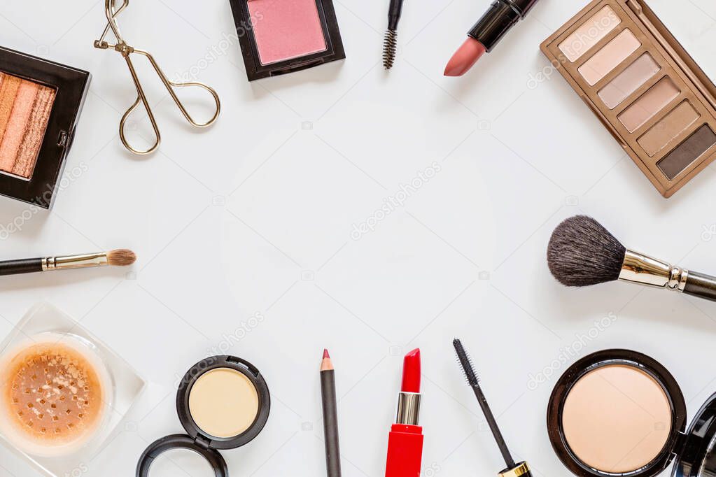 Make up items on white background with copy space. Set of luxury decorative cosmetics flat lay, top view, mockup, template. Minimal style. Beauty blogger concept.