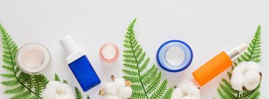 Doğal organik kozmetiklerle yatıyordu: serum, beyaz arka planda yeşil yapraklı krem. Cilt bakımı, kozmetoloji, cilt bakımı. Güzellik sertifikası, blog tarzı. Üst görünüm, üst görünüm, genel görünüm