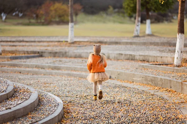 Jolie petite fille élégante marchant dans le parc d'automne avec des arbres ginkgo. Mode d'automne pour enfants. Bonne enfance. Portrait de style de vie — Photo