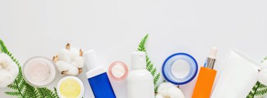 Doğal organik kozmetiklerle yatıyordu: serum, beyaz arka planda yeşil yapraklı krem. Cilt bakımı, kozmetoloji, cilt bakımı. Güzellik sertifikası, blog tarzı. Üst görünüm, üst görünüm, genel görünüm