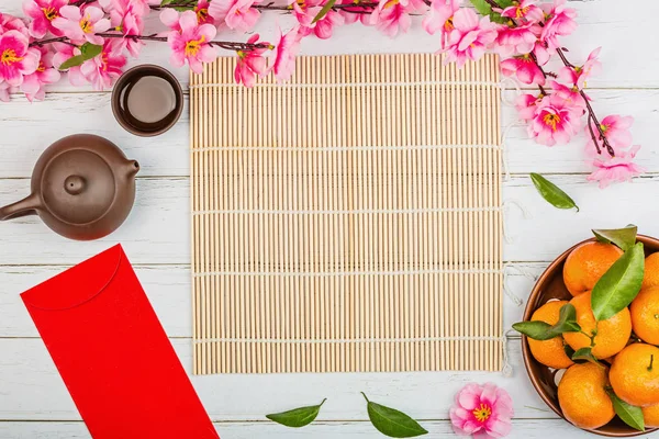 Flat lay of accessories Chinese new year 2020 and decorations Lunar new year festival concept background. Overhead, top view. Copy space, template mockup — Stock Photo, Image