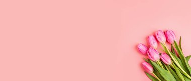 Yukarıdan laleleri ve fotokopi alanı olan hediye kutusunu izle. Kadınlar Günü için arka plan, 8 Mart Sevgililer Günü, 14 Şubat. Düz yatış stili, üst görünüm, model, şablon, genel giderler. Tebrik kartı