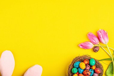 Sarı arka planda pembe lale çiçekleriyle izole edilmiş renkli paskalya yumurtaları olan şık bir arka plan. Düz konum, üst görünüm, model, genel görünüm, şablon