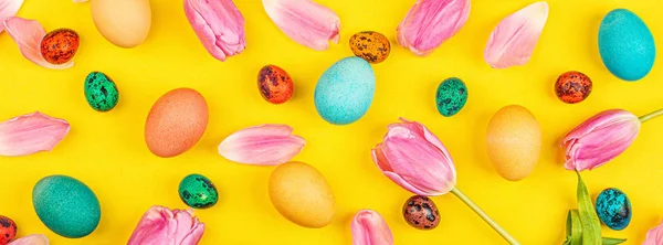 Stílusos háttér színes húsvéti tojás elszigetelt sárga háttér rózsaszín tulipán virágok. Lapos fektetés, felülnézet, mockup, rezsi, sablon — Stock Fotó