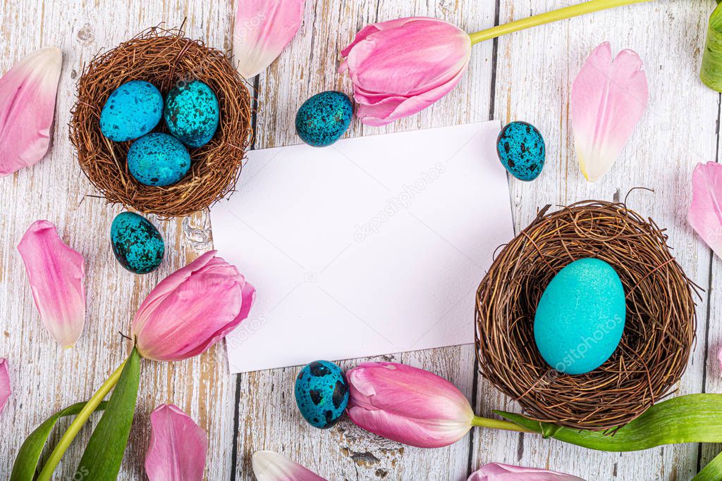 Stylish background with quail classic blue color, easter eggs with copy space for text. Next lying fresh pink tulip flowers on white wooden background. Flat lay, top view, mockup, overhead, template