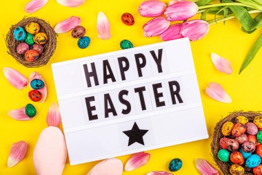 Sarı arka planda pembe lale çiçekleriyle izole edilmiş renkli paskalya yumurtaları olan şık bir arka plan. Düz konum, üst görünüm, model, genel görünüm, şablon
