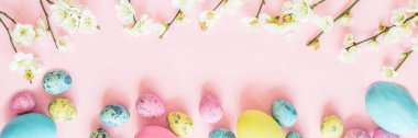 Renkli paskalya yumurtalarıyla süslü arka plan pembe pastel arka plan ve çiçek açan kiraz dallarıyla izole edilmiş. Web tasarımı için yatay uzun pankart. Düz konum, üst görünüm, model, genel görünüm, şablon