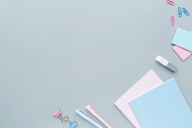 Mesaj için yer olan okula geri dön. Okul malzemelerinin toplanması parlak bir düz stil. Eğitici bir kavram. Boşluğu, maketi, şablonu kopyala