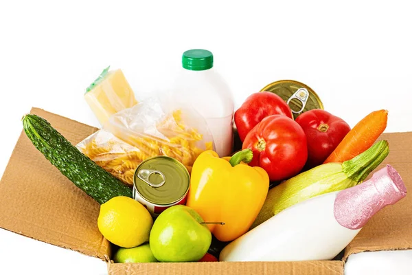 Caja Donación Con Varios Alimentos Inteligentes Sobre Fondo Blanco Con —  Fotos de Stock