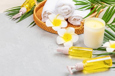 Spa masajı, vücut bakımı geçmişi. Gri taş masadaki kaplıca topları, kozmetik ürünleri, havlu ve palmiye yaprakları. Üst manzara, düz yatış, genel giderler, kopyalama alanı. Güzellik ve sağlık hizmetleri kavramı