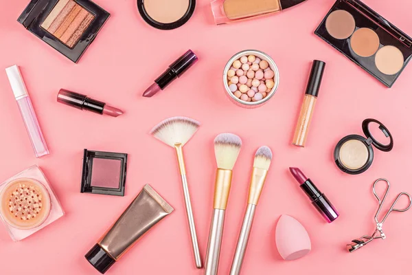 Cosmetic Products Pink Background Set Luxury Decorative Cosmetics Flat Lay — Stock Photo, Image