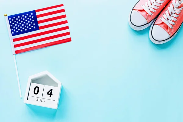 July 4Th Mockup July Wooden Color Calendar Usa Flag Blue — Stock Photo, Image