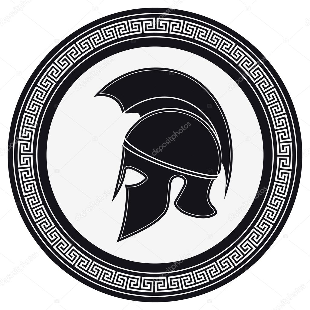 Ancient Greek Helmet with a Crest on the Shield on a White Backg