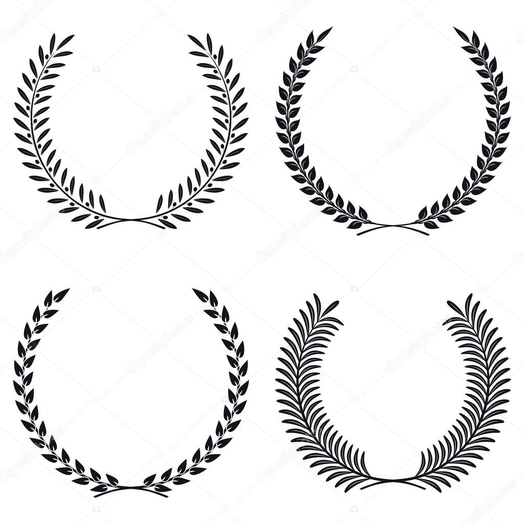 Wreath Set Vector Silhouette. Leaves and Branches Round Frames