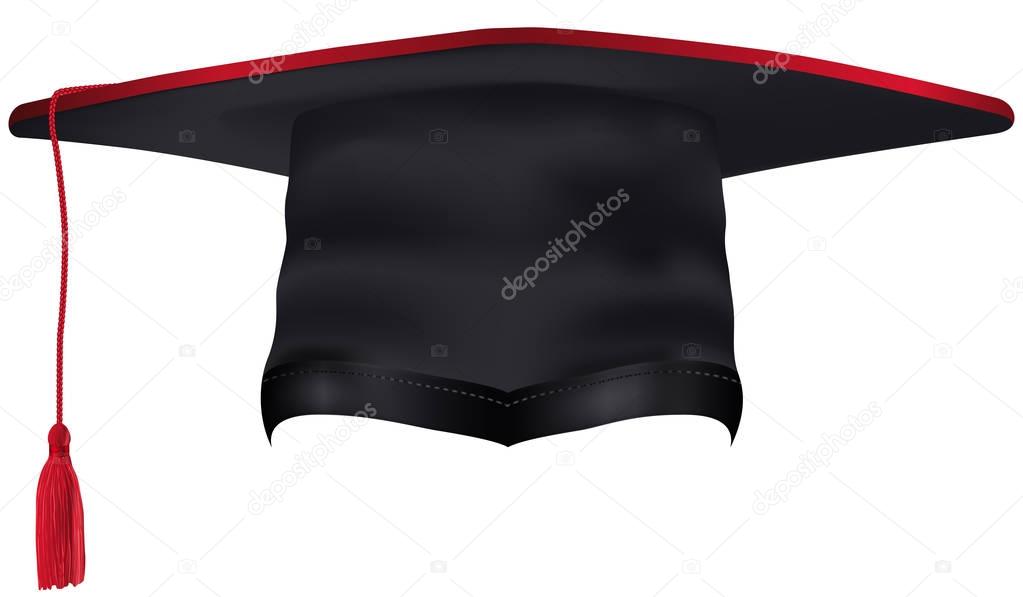 Black Graduation Cap with Red Tassel Isolated