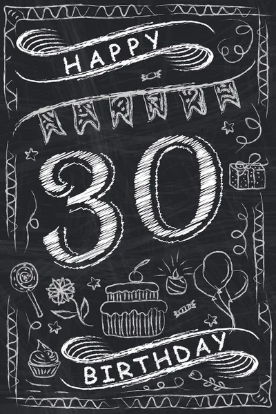 Aniversário Design de cartão de aniversário feliz no Chalkboard. 30 anos — Vetor de Stock