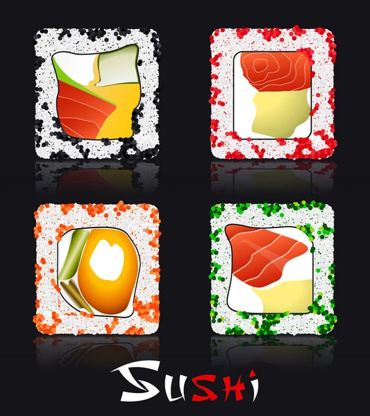 Comida japonesa sobre fondo negro y sushi de inscripción estilizada — Vector de stock