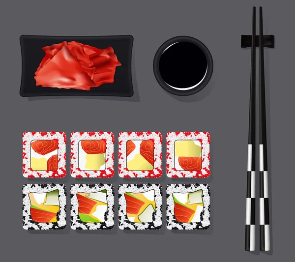 Buntes Sushi-Set und Essstäbchen. Schalen mit Soja und Ingwer. ist — Stockvektor