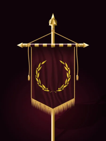 Εορταστικά πανό κάθετη σημαία με κοντάρι σημαίας. Ενώσεις τοίχων με φούντα χρυσά κρόσια. Έχει θέση για επιγραφή ή λογότυπο — Διανυσματικό Αρχείο