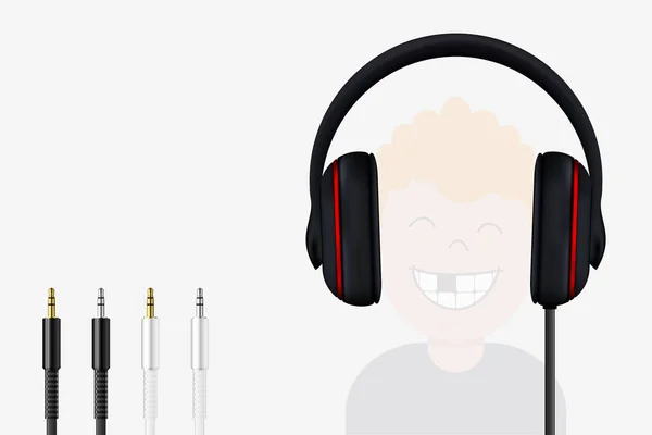 Ακουστικών και Mini Jack βύσματα. Χαρούμενη αγόρι ακούγοντας μουσική — Διανυσματικό Αρχείο