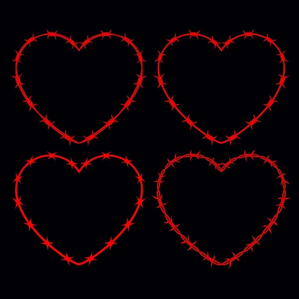 Empat Bentuk Jantung. Siluet Vektor dari Kabel Barbed - Stok Vektor