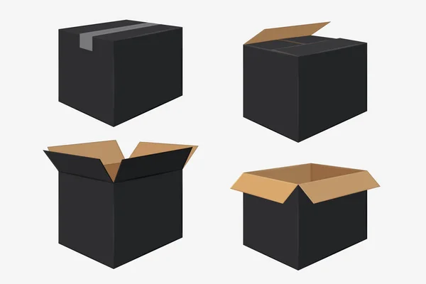 Set of Four Cardboard Boxes. Open and Closed Black Box — Stock Vector