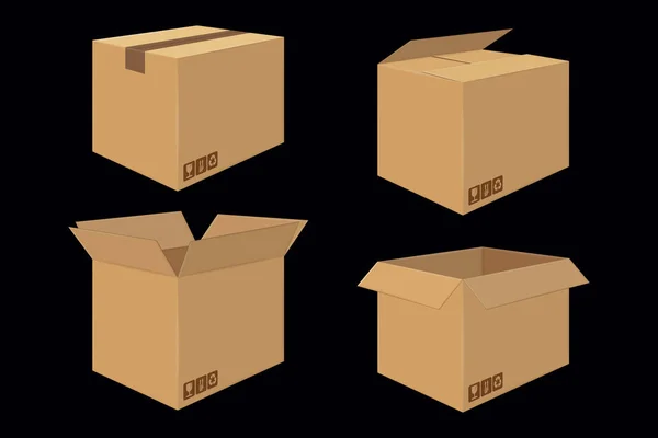 Conjunto de cuatro cajas de cartón. Caja abierta y cerrada — Archivo Imágenes Vectoriales