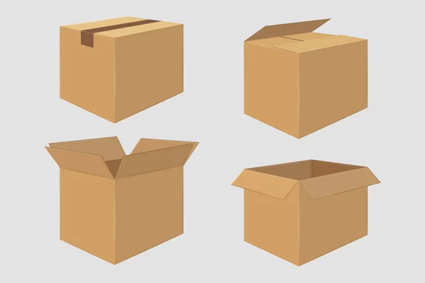 Set of Four Cardboard Boxes. Open and Closed Box — Stock Vector