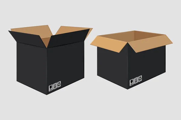 Caixa preta aberta de papelão. Vista lateral. Projeto do pacote —  Vetores de Stock