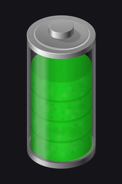 투명 한 유리 배터리입니다. 높은 충전. 녹색 색상 — 스톡 벡터