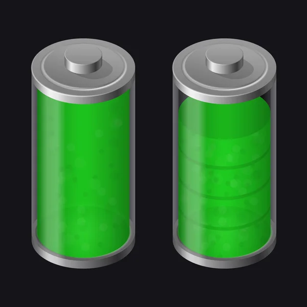 Transparant glas batterij. Hoge opladen. Groene kleur — Stockvector