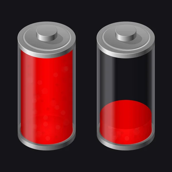 Batterie en verre transparent. Faible charge. Couleur rouge — Image vectorielle