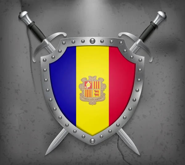 Flaggan i Andorra. Sköld med flagga. Två korsade Swor — Stock vektor