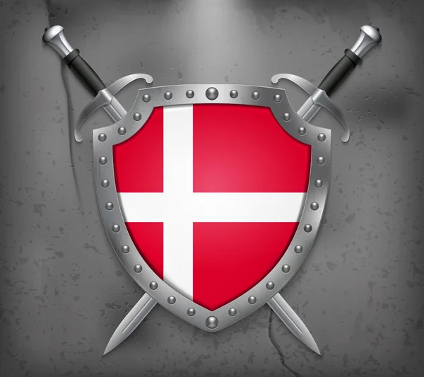 Bandeira da Dinamarca. O Escudo com Bandeira Nacional. Dois cisnes cruzados — Vetor de Stock