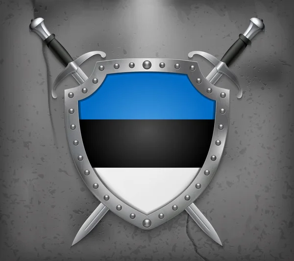 Bandera de Estonia. El Escudo con Bandera Nacional. Dos Swor Cruzado — Vector de stock